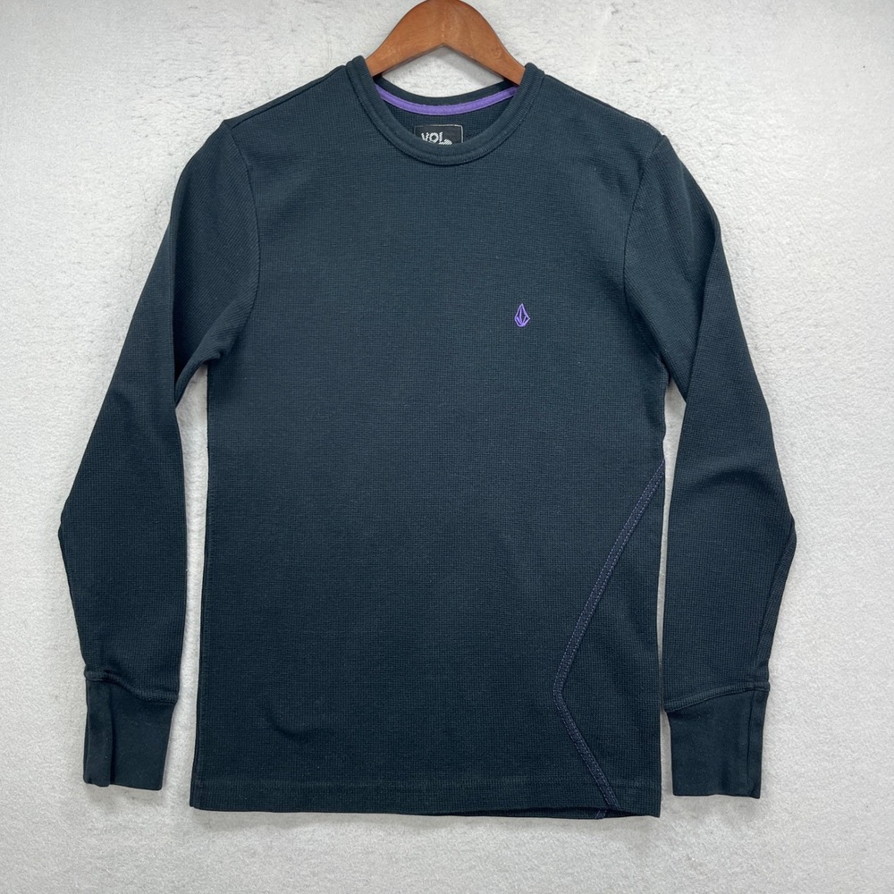 Volcom Rogan Heather Thermal Shirt Mens S Black Purple Logo Long Sleeve Skate
